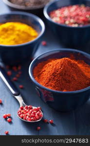 spices in bowls: curry, pink and black pepper, paprika powder