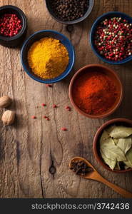 spices in bowls: pink and black pepper, paprika powder, curry, bay leaf