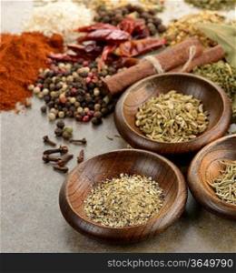 Spices In Wooden Bowls,Close Up