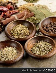 Spices In Wooden Bowls,Close Up