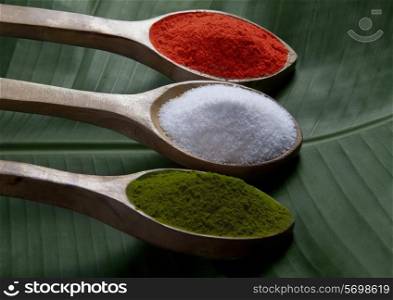 Spices in wooden spoons
