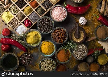 Spices on wooden bowl background . Cooking ingredient,spice