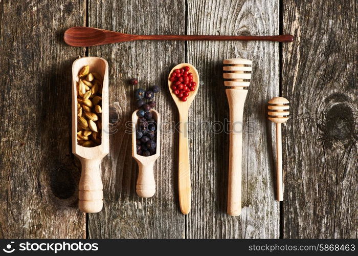 Spices over wooden rustic background