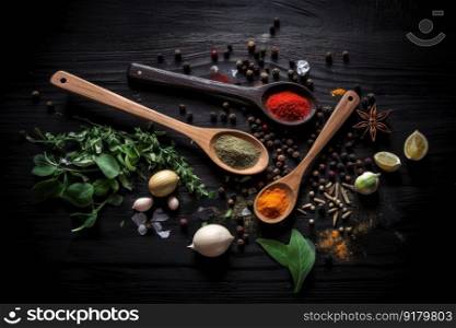 Spices spoon topview. Stone food. Generate Ai. Spices spoon topview. Generate Ai