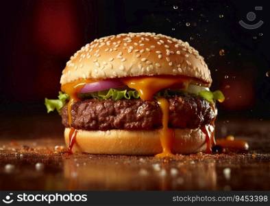 Spicy beef burger with hot sauce on dark background.AI generative.
