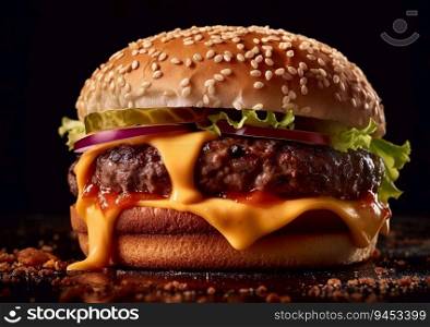 Spicy beef burger with hot sauce on dark background.Macro.AI generative.