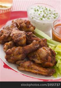 Spicy Buffalo Wings with Blue Cheese Dip Celery and Hot Chilli Sauce