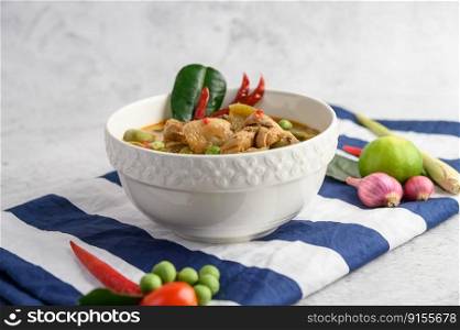 Spicy chicken stir-fried with thai eggplant. Selective focus