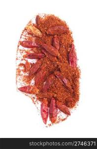 spicy chili powder with dry red peppers isolated on white background