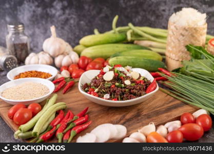 Spicy minced meat, made from raw meat with chili peppers. garlic and spring onions.