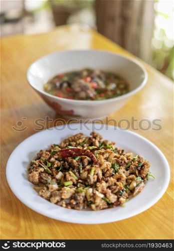 spicy minced meat with mixed vegetables on dish