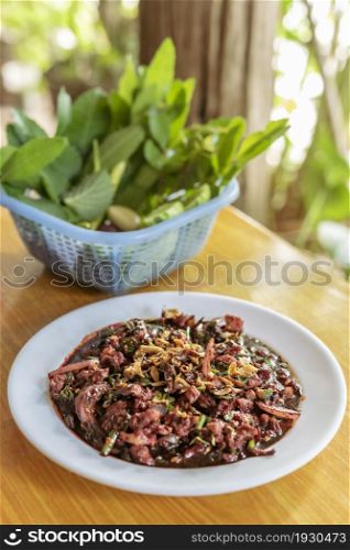 spicy minced meat with mixed vegetables on dish