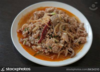 Spicy minced pork salad, minced pork mash with spicy, Thai food
