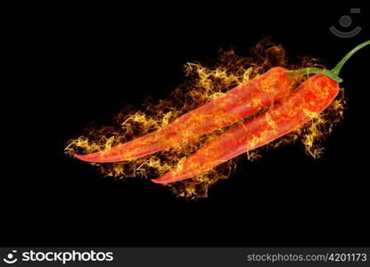 spicy red chilli peppers at fire on black background