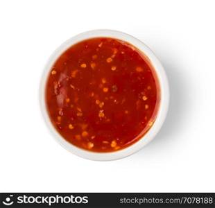 spicy red sauce in bowl isolated on white background