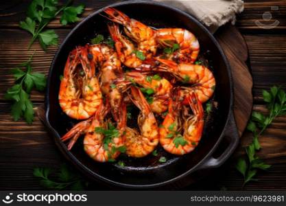 Spicy roasted shrimps in cast iron pan. Spicy roasted shrimps in cast iron pan.
