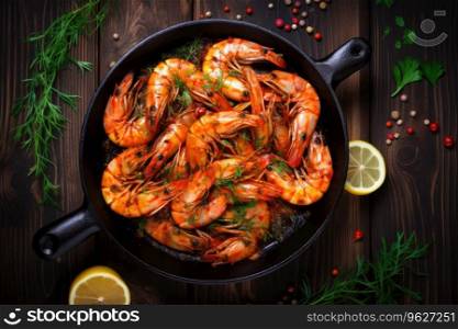 Spicy roasted shrimps in cast iron pan. Spicy roasted shrimps in cast iron pan.