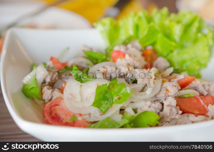 spicy salad with minced pork , vermicelli , chili and fresh vegetable , Thai style food