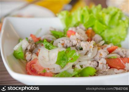 spicy salad with minced pork , vermicelli , chili and fresh vegetable , Thai style food