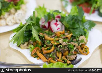 Spicy salad with mushrooms and vegetables. Vegan dish. Restaurant food