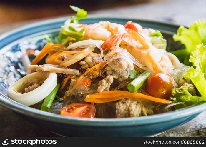 spicy seafood salad with minced pork and vegetable