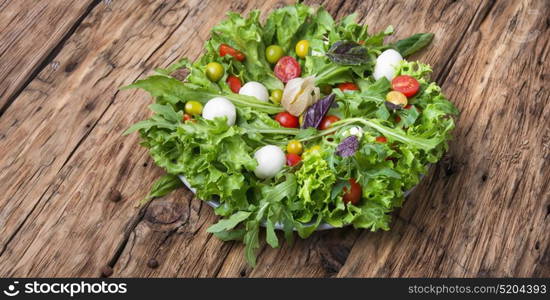 Spicy spring vegetable salad. Spring salad with rucola,tomatoes,mozzarella and berries of physalis