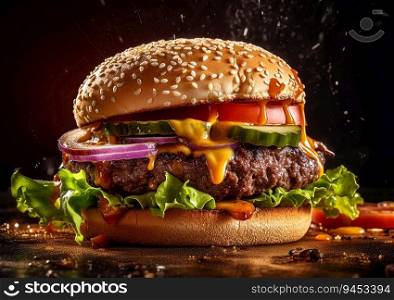 Spicy tasty burger with sauce,tomato and onion on dark kitchen table.AI Generative