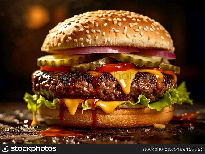 Spicy tasty burger with sauce,tomato and onion on dark kitchen table.Macro.AI Generative