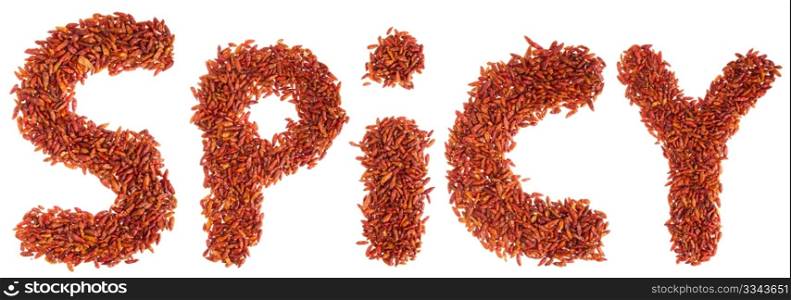 spicy written with piri piri chilli peppers (isolated on white background)