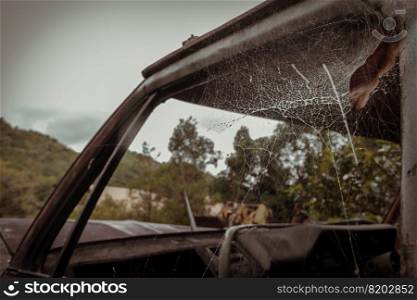 Spider web and dry leaves on window of old Abandoned car in the forest. Selective focus.