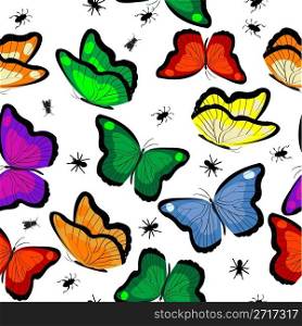 Spiders, bugs, flies and butterflies seamless background