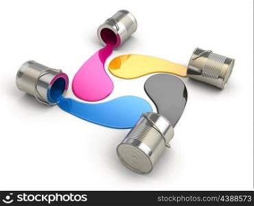 Spilled CMYK paint on white isolated background. 3d