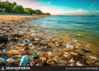 Spilled garbage on beach. Environmental pollution. Ecological problem. Generative AI