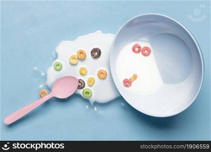 spilled milk milk bowl top view. High resolution photo. spilled milk milk bowl top view. High quality photo