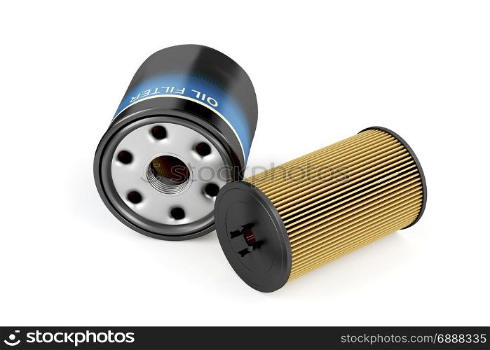 Spin-on and cartridge oil filters on white background