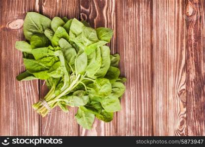 Spinach bunch on the wooden table with copy space