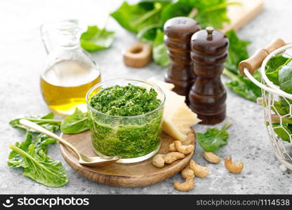 Spinach pesto sauce with cashew, parmesan cheese and olive oil