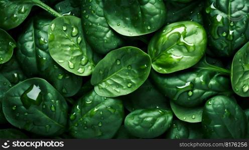 Spinach seamless background with water drops, top view, flat lay. Generative AI. High quality illustration. Spinach seamless background with water drops, top view, flat lay. Generative AI