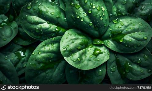 Spinach seamless background with water drops, top view, flat lay. Generative AI. High quality illustration. Spinach seamless background with water drops, top view, flat lay. Generative AI