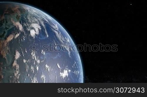 Spining Earth and zoom in. Extremely detailed image, including elements furnished by NASA.