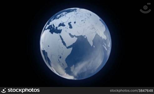 Spinning glass planet Earth on black bg- timelapse sky - looped