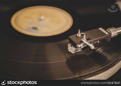 Spinning Record Player With Vintage Vinyl, Turntable Player And Vinyl Record.