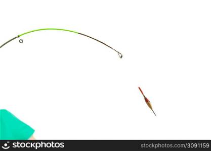 Spinning sport equipment concept. Person holding fishing rod with float and waggler with line.. Person holding fishing rod, spinning equipment.
