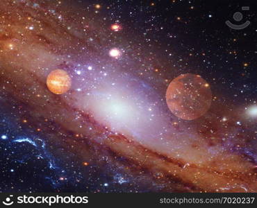 Spiral galaxy with two planets. Elements of this Image furnished by NASA. Spiral galaxy with planets.