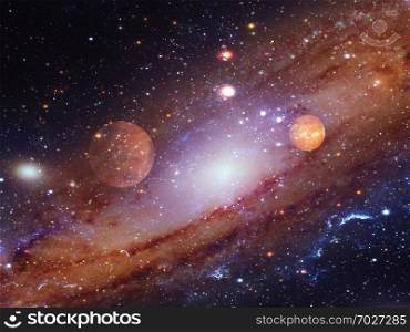 Spiral galaxy with two planets. Elements of this Image furnished by NASA. Spiral galaxy with planets.