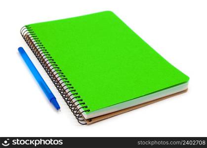 spiral green notebook and pen isolated on white