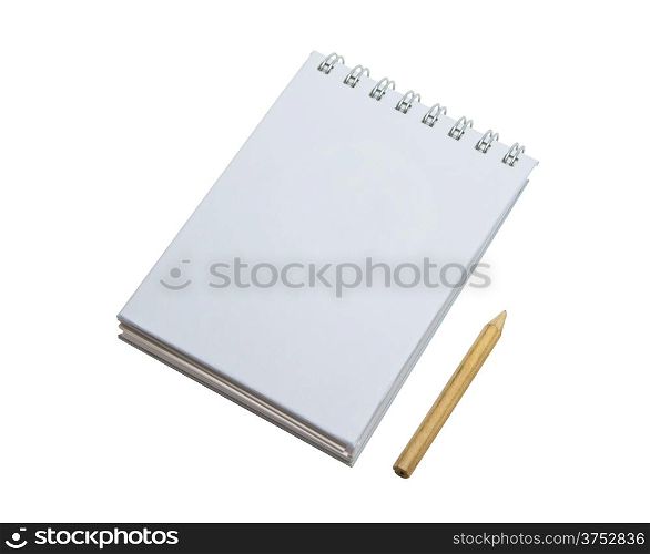 Spiral note pad and pencil isolate on white background.
