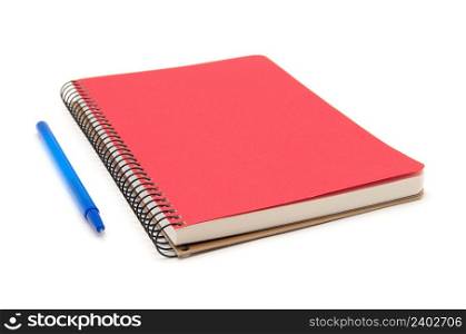 spiral red notebook and pen isolated on white
