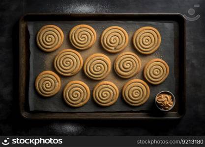 spiraled cookies baked on baking tray on gray background, created with generative ai. spiraled cookies baked on baking tray on gray background