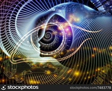 Spirals of the mind series. Human head profile, eye symbol and abstract orbiting structures on the subject of science thinking and education.
